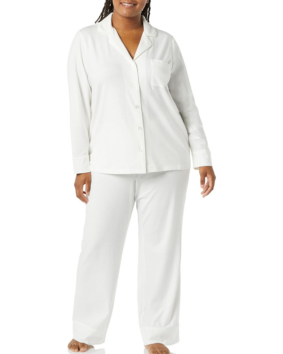 Women's White Dress Shirt, Navy and White Vertical Striped Pajama
