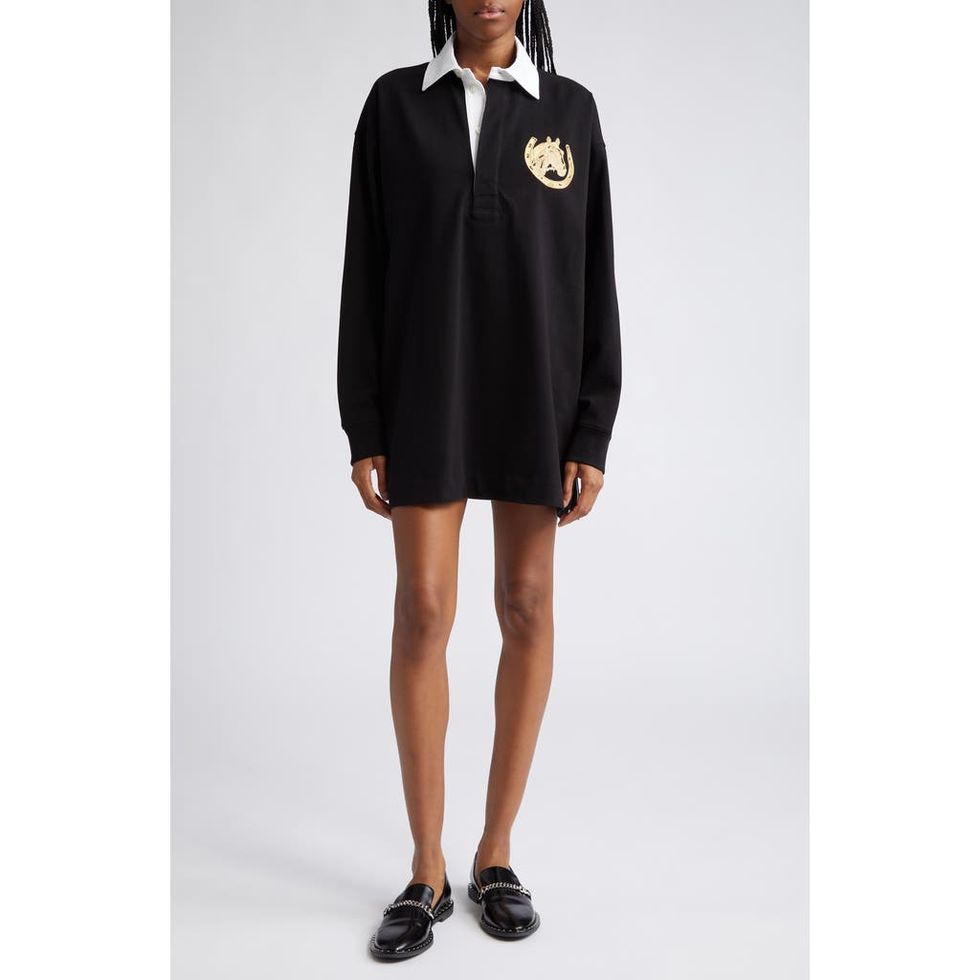 Stella McCartney Oversize Metallic Embroidered Detail Cotton Rugby Shirt in 1000 Black at Nordstrom, Size X-Large
