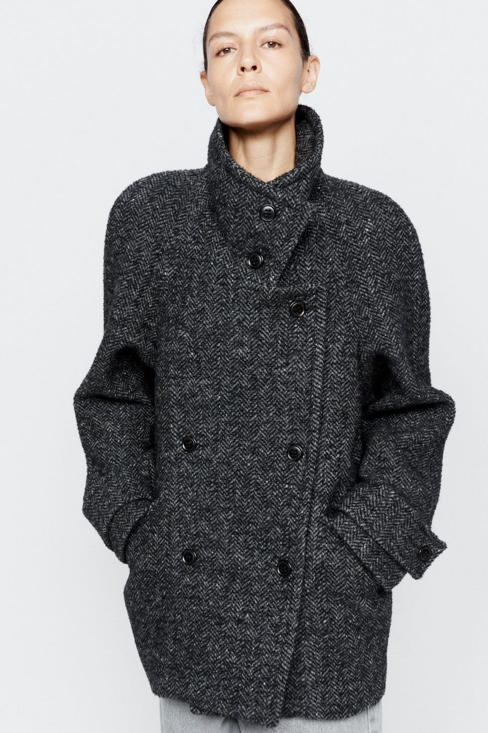Funnel neck herringbone short blanket coat Funnel neck herringbone short blanket coat