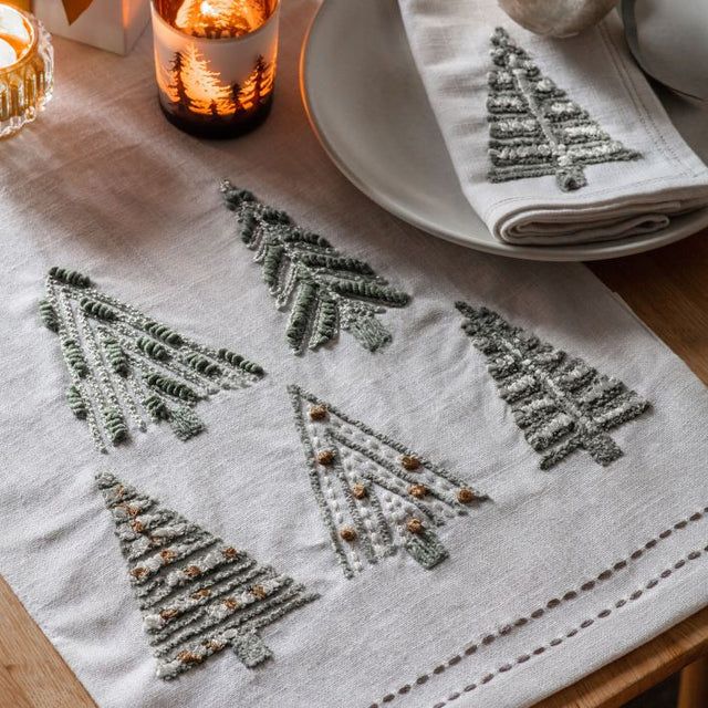 Merry Large Embroidered Table Runner in White