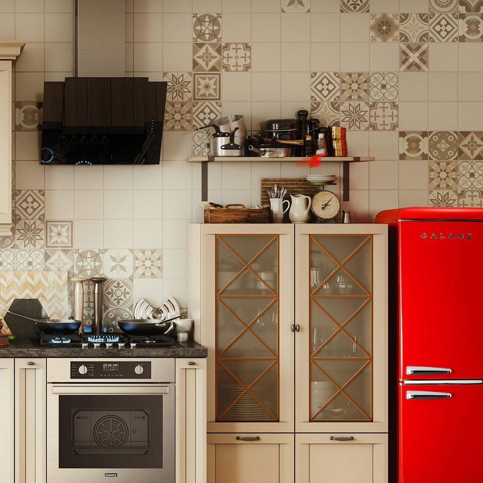 Retro-styled Red Refrigerator In The Kitchen Room, Vintage Style