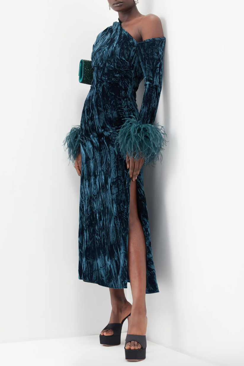 Adelaide feather-trim crushed-velvet midi dress
