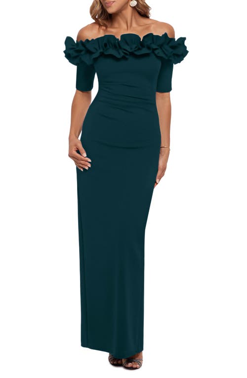 Xscape Ruffle Off the Shoulder Crepe Column Gown in Pine Xscape Ruffle Off the Shoulder Crepe Column Gown in Pine