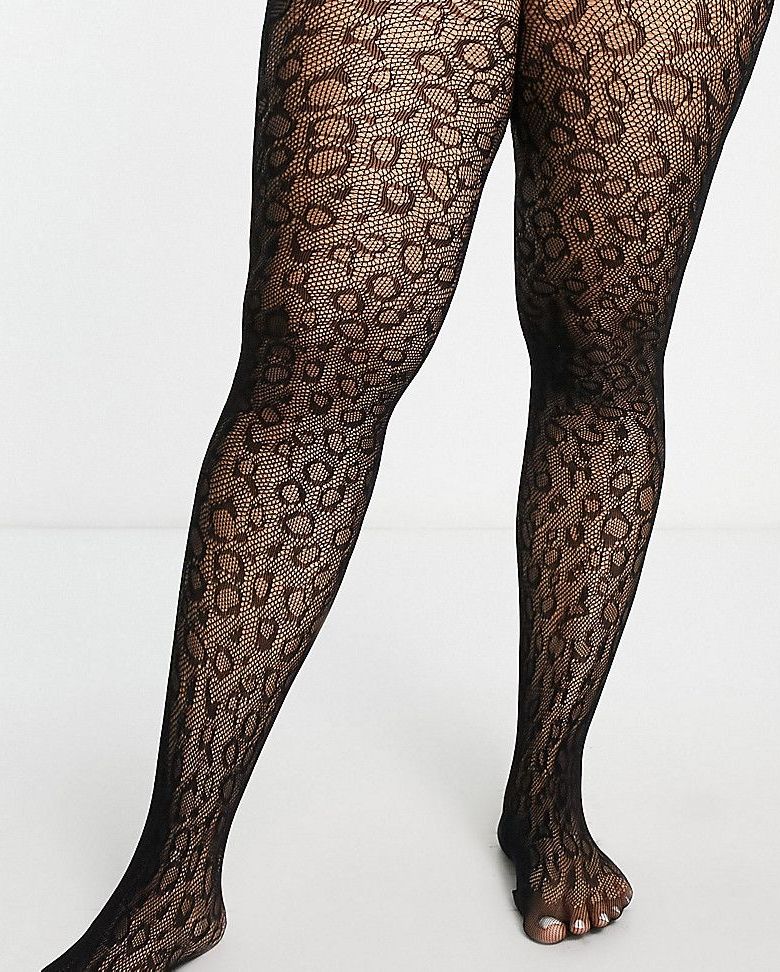 London Curve Sheer Tights In Black With Leopard Print