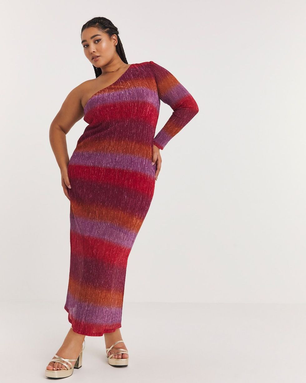 Multi Ombre Stripe Pleated Glitter Mesh One Shoulder Maxi Column Dress