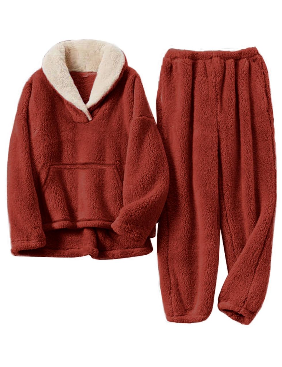 Women's 2 Piece Fleece Pajamas Set Button Down Rollneck Top with