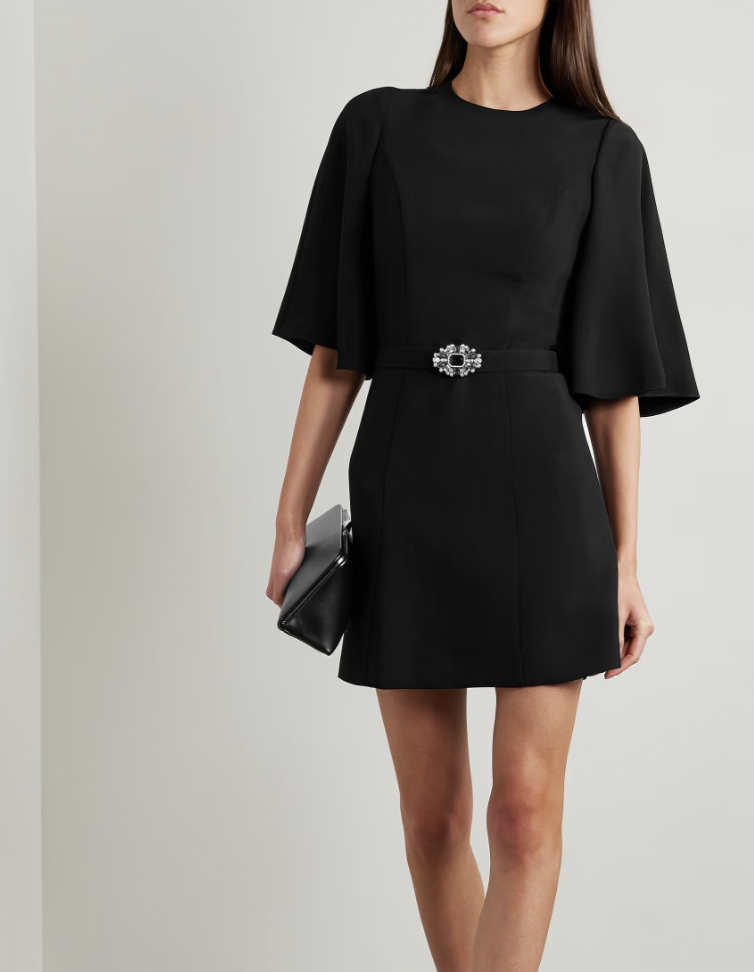 Cape-effect Belted Crystal and Faux Pearl-embellished Crepe Mini Dress