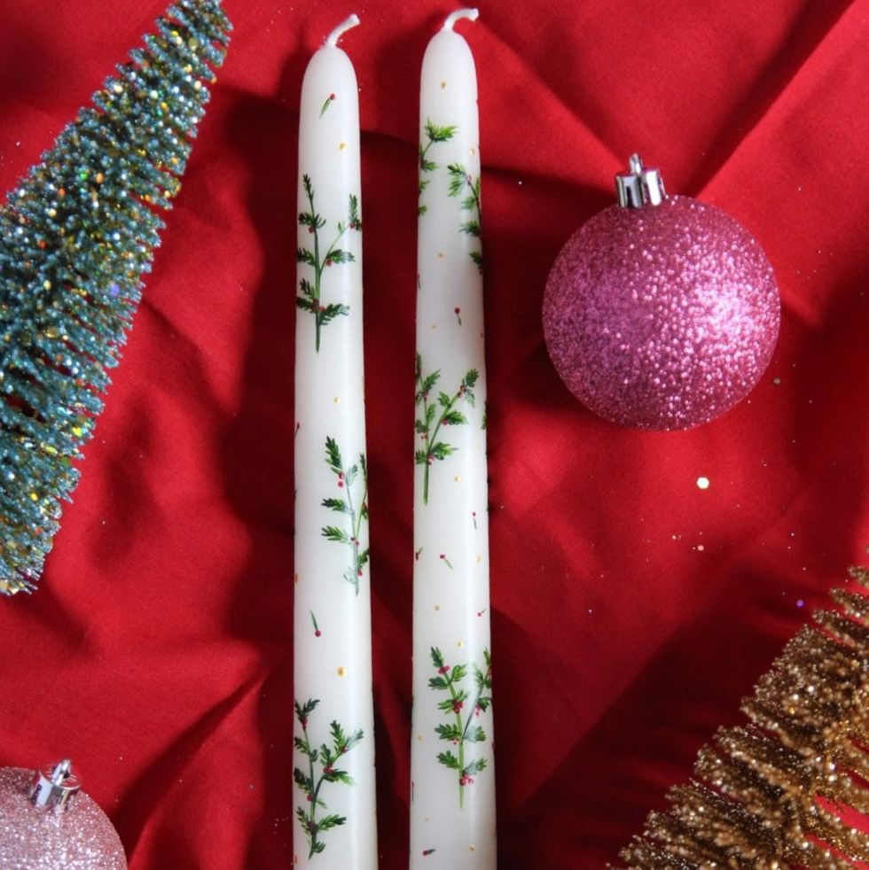 Ivory Holiday Botanical Painted Taper Candles Set of Two