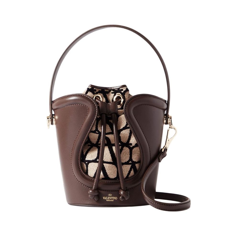 Sculpture Leather and Logo-Jacquard Bucket Bag