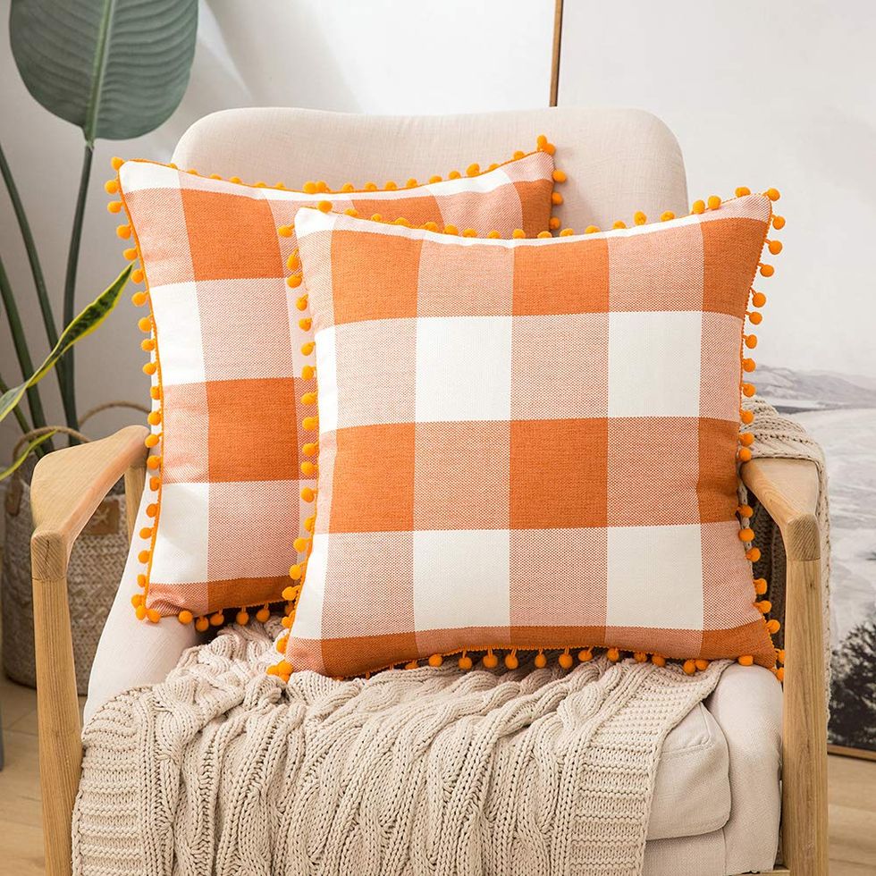 Set of 2 Fall Throw Pillow Covers 18 x18 Buffalo Plaid Check Pillow Covers with Pom-poms Decorative Couch Throw Pillows Farmhouse Cushion Cases for Sofa Orange and White