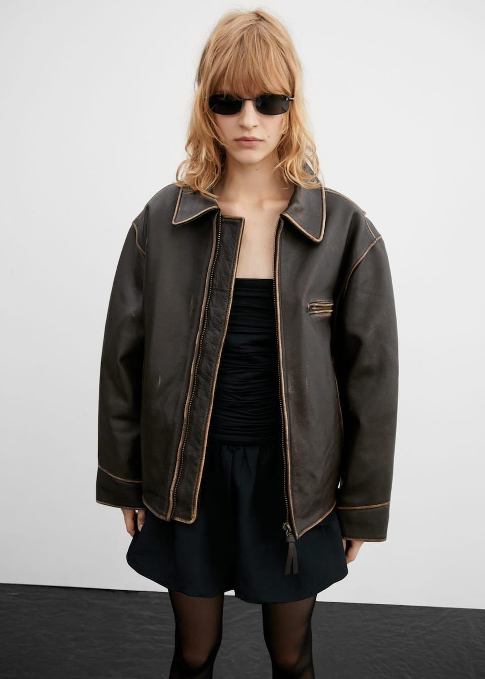 Oversized worn-effect leather jacket