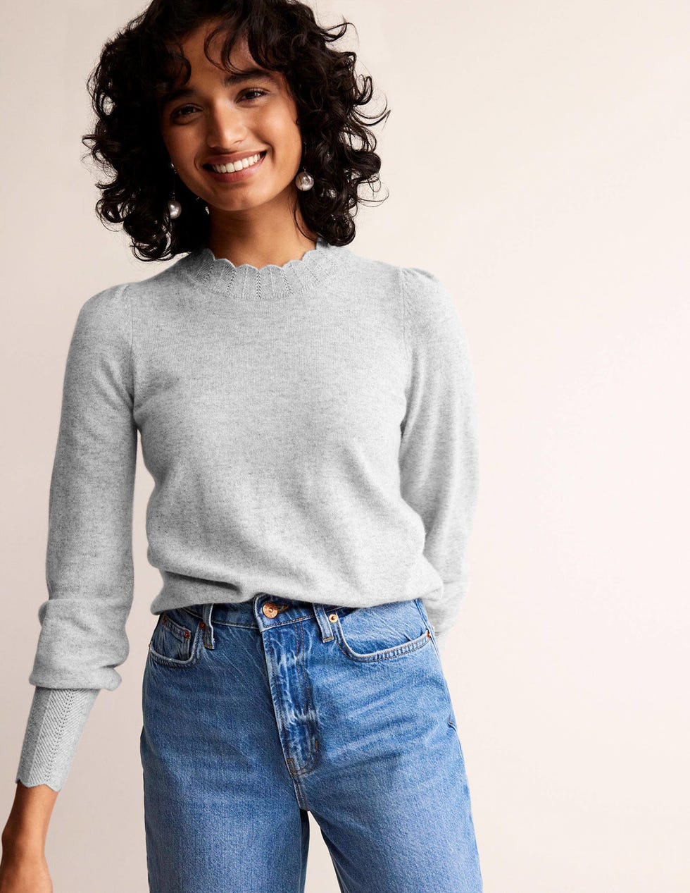 Scallop Trim Cashmere Jumper - Pale Grey Melange