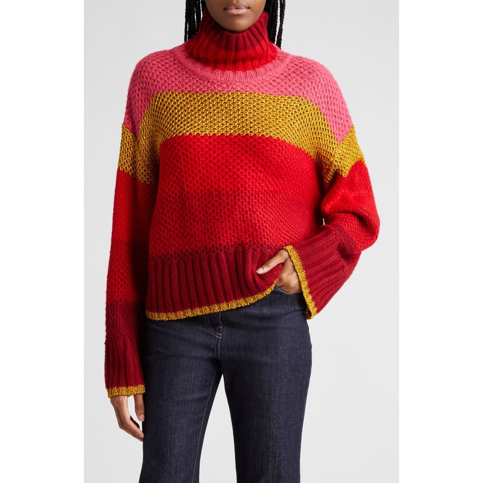 FARM Rio Shiny Stripe Colorblock Turtleneck Sweater in Red Multi at Nordstrom, Size X-Large