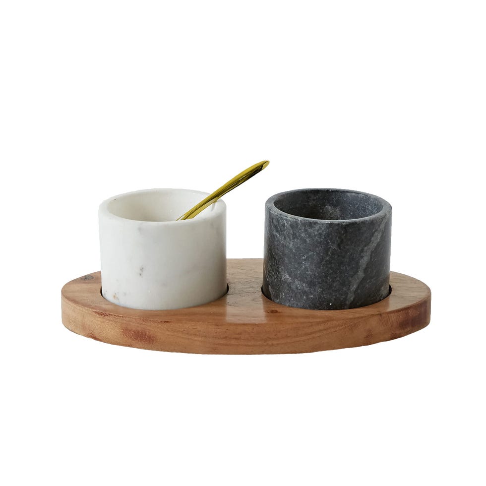 Marble Bowls on Mango Wood Base With Salt Spoon
