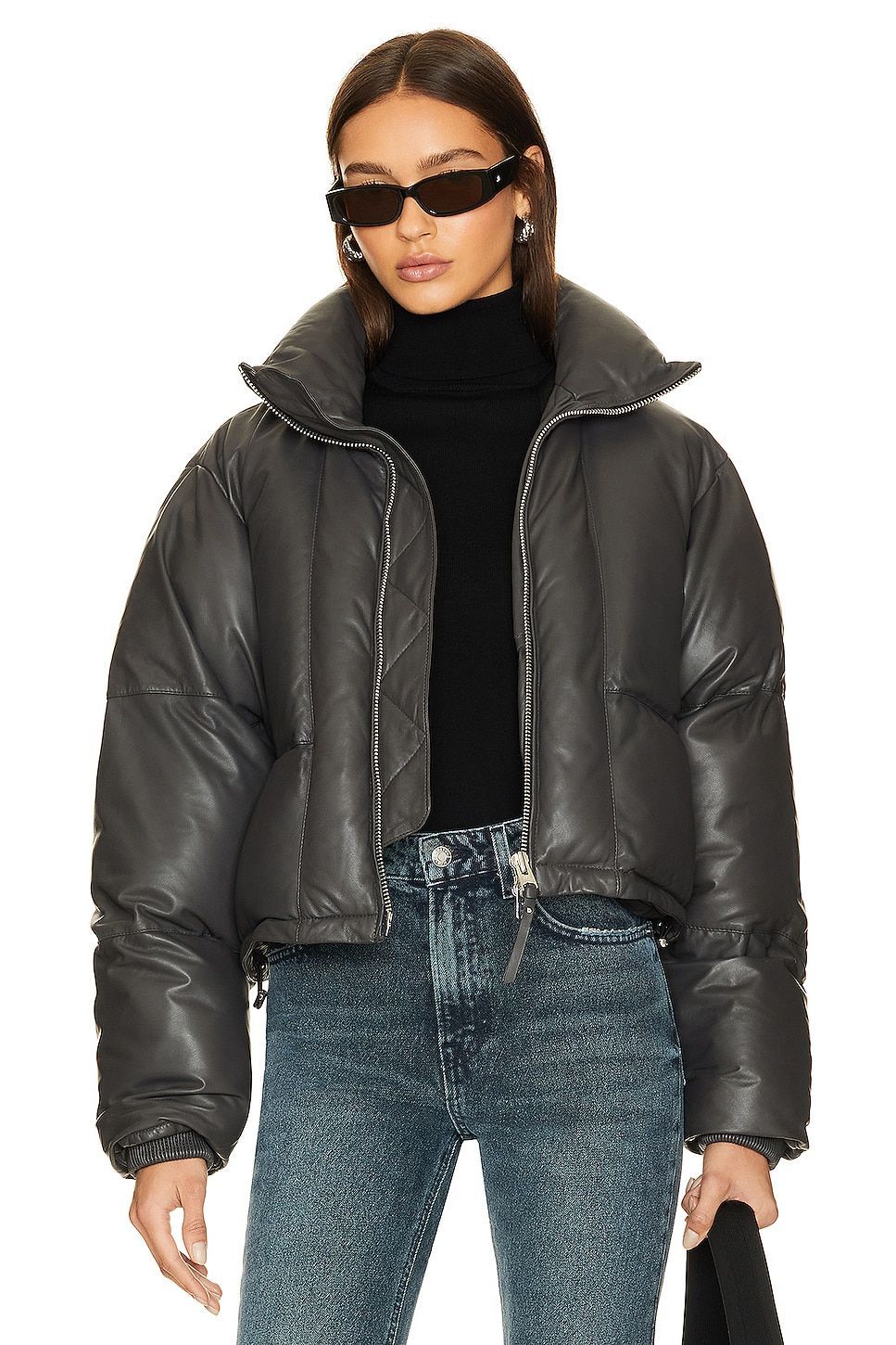 Dark Brown Leather-Look Boxy Puffer Jacket | New Look