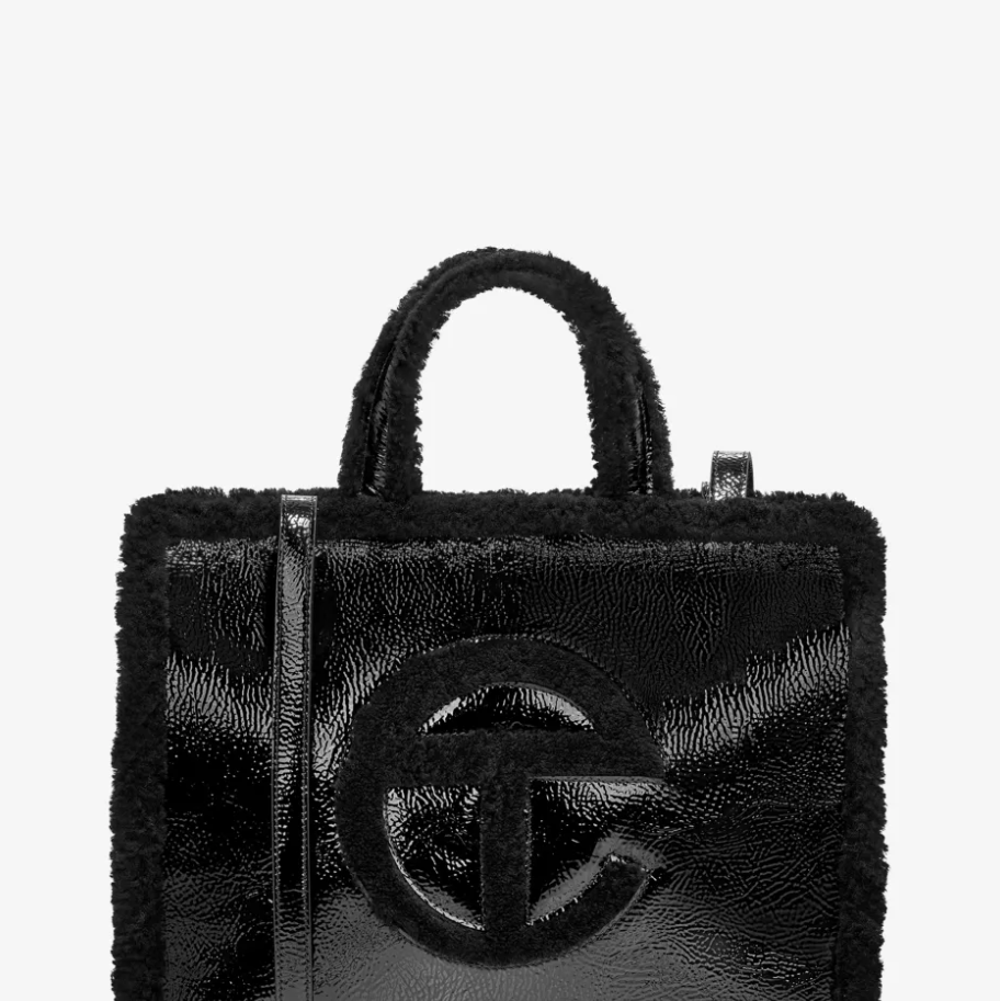 Medium Crinkled-Leather Sheepskin-Trim Tote Bag