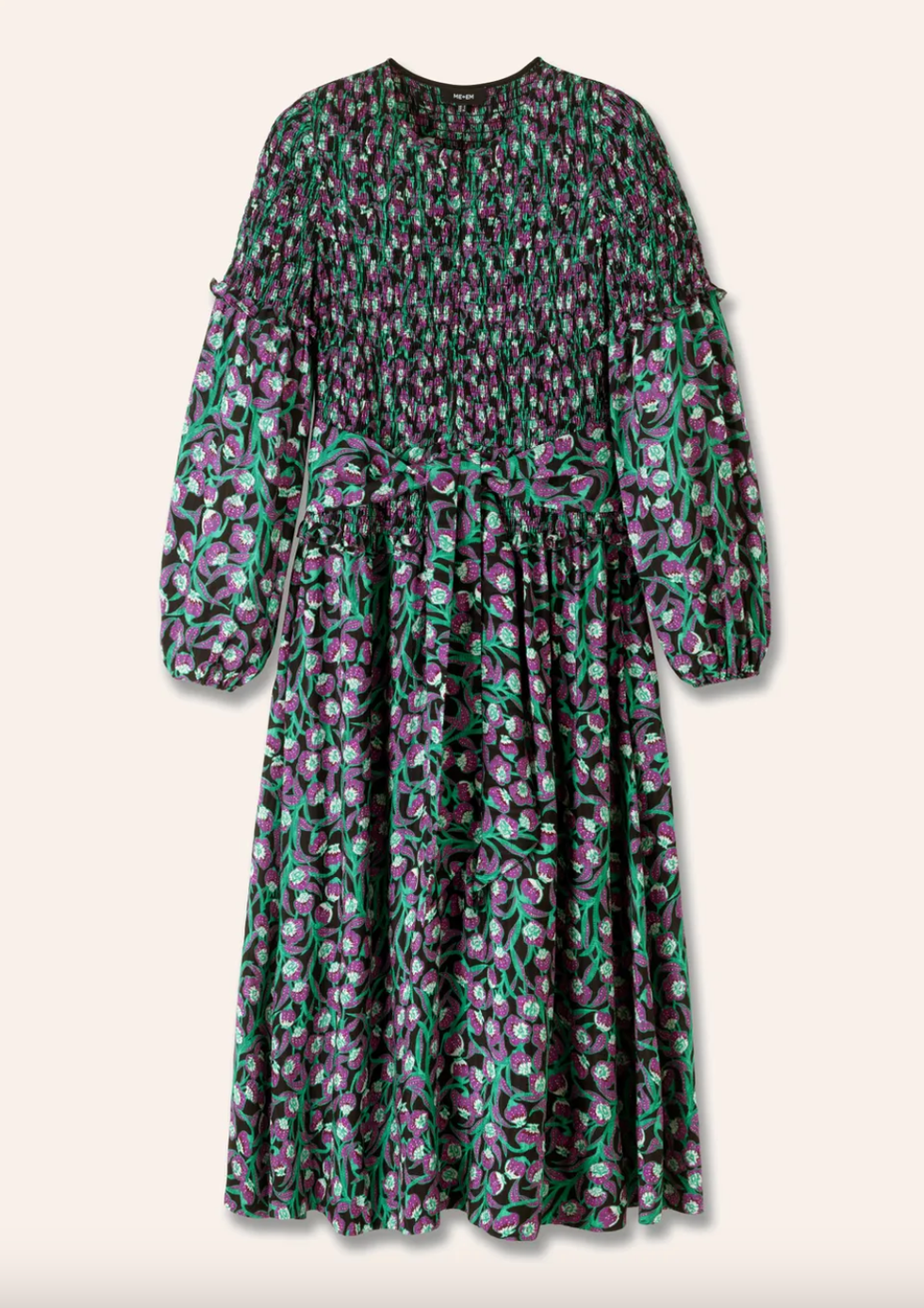 Trailing Flower Print Shirred Midi Dress + Belt