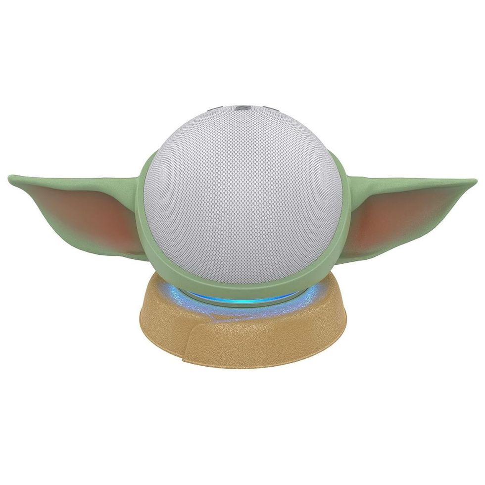 Echo Dot (5th Gen, 2022 release) with clock | Glacier White, with Made for Amazon, featuring The Mandalorian Baby Grogu ™-inspired Stand