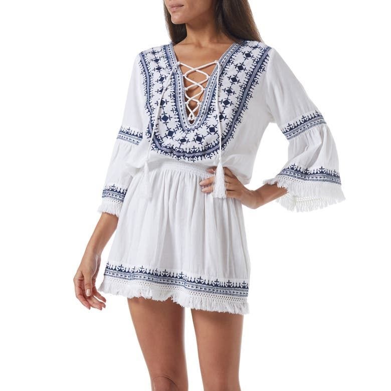 Martina Embroidered Lace-Up Linen & Cotton Cover-Up Dress