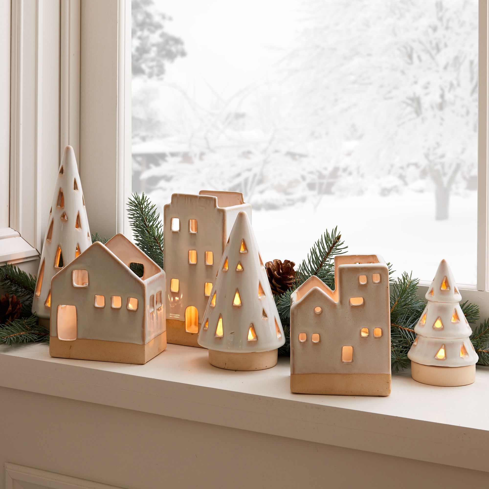 Modern minimalist Christmas purchases village: festive fireplace decorations, paper lights