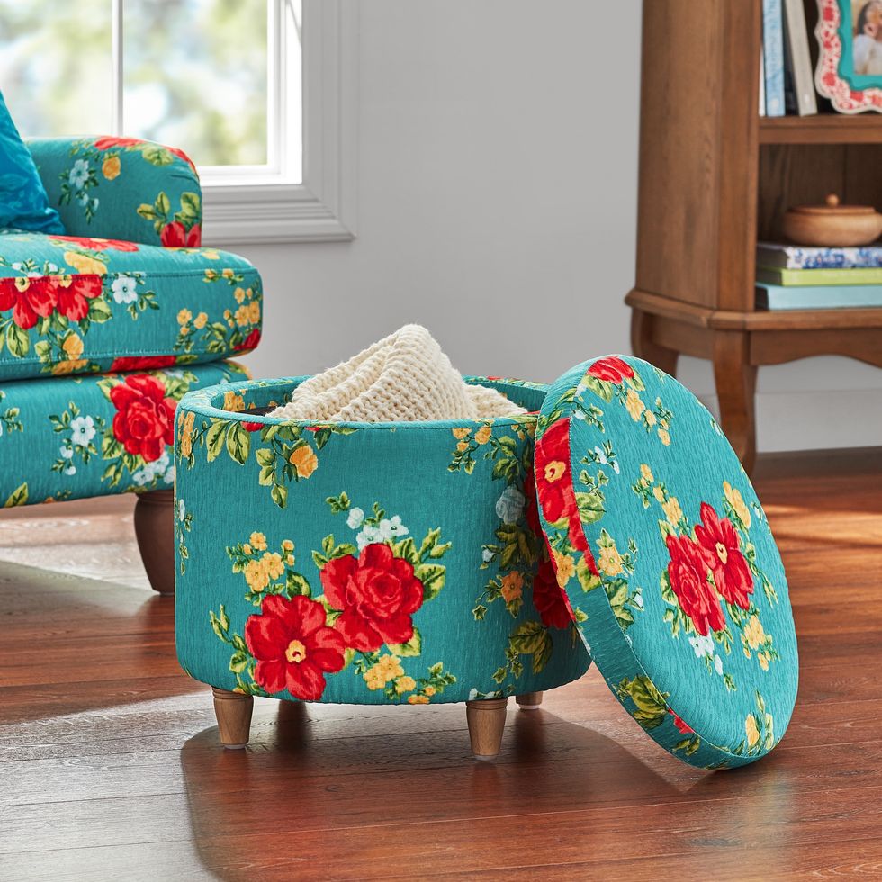 The Pioneer Woman Vintage Floral Fabric Round Storage Ottoman