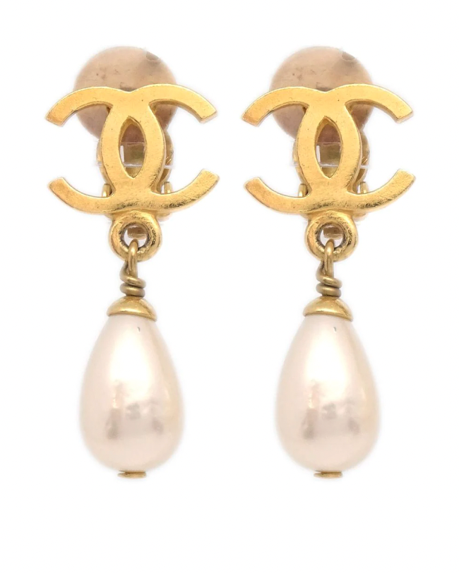 Pre-owned Chanel Faux Pearl and Crystal CC Drop Earrings
