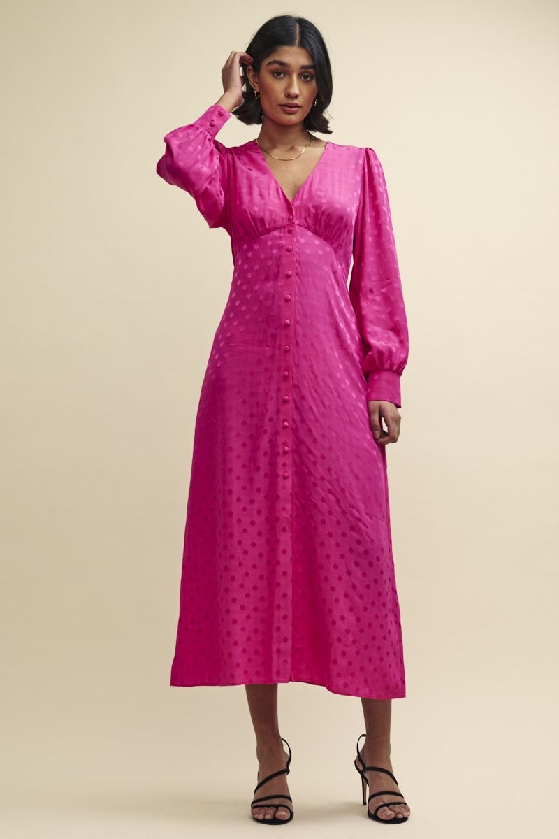 Pink Satin Jacquard Tasha Midi Dress