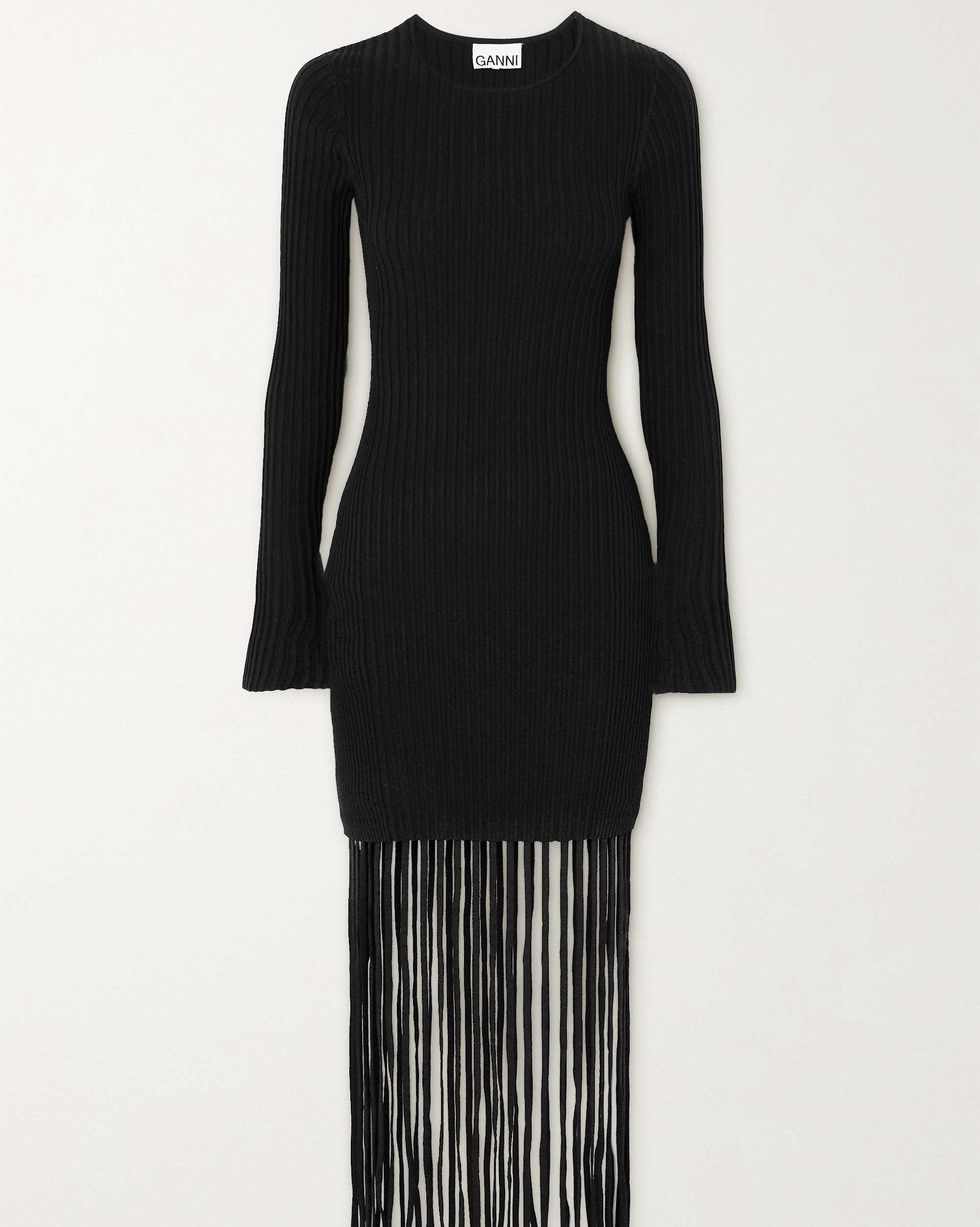 Fringed Ribbed-Knit Mini Dress
