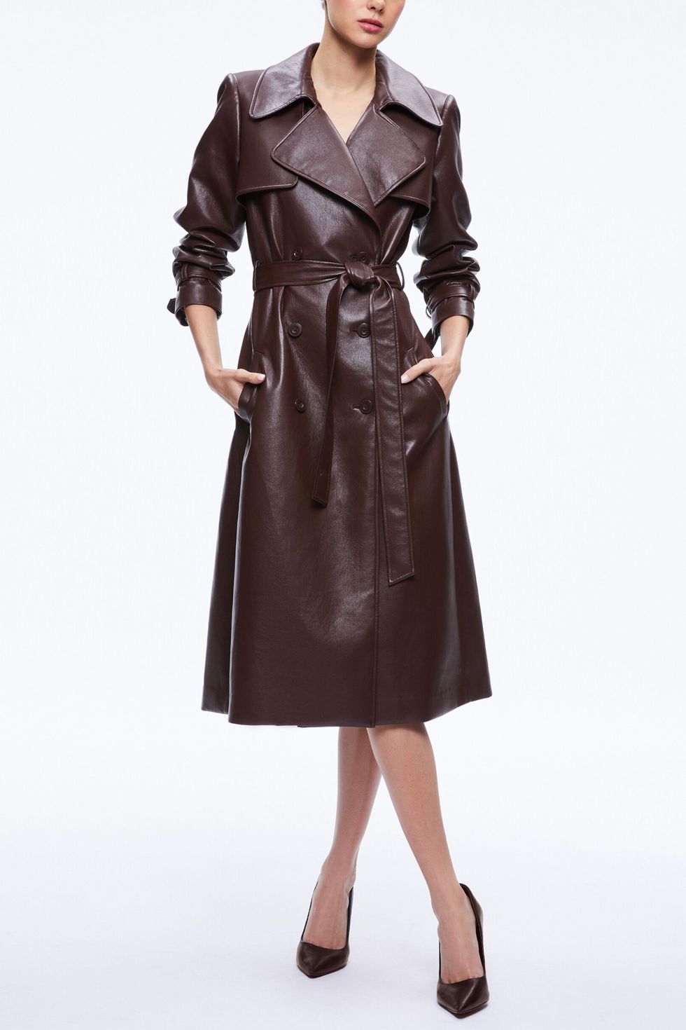 Extra long Faux leather trench coat for women Fit and flare plus size  Outwear W