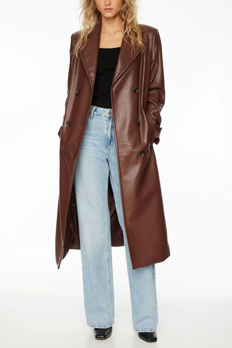 Military Faux Leather Trench Coat