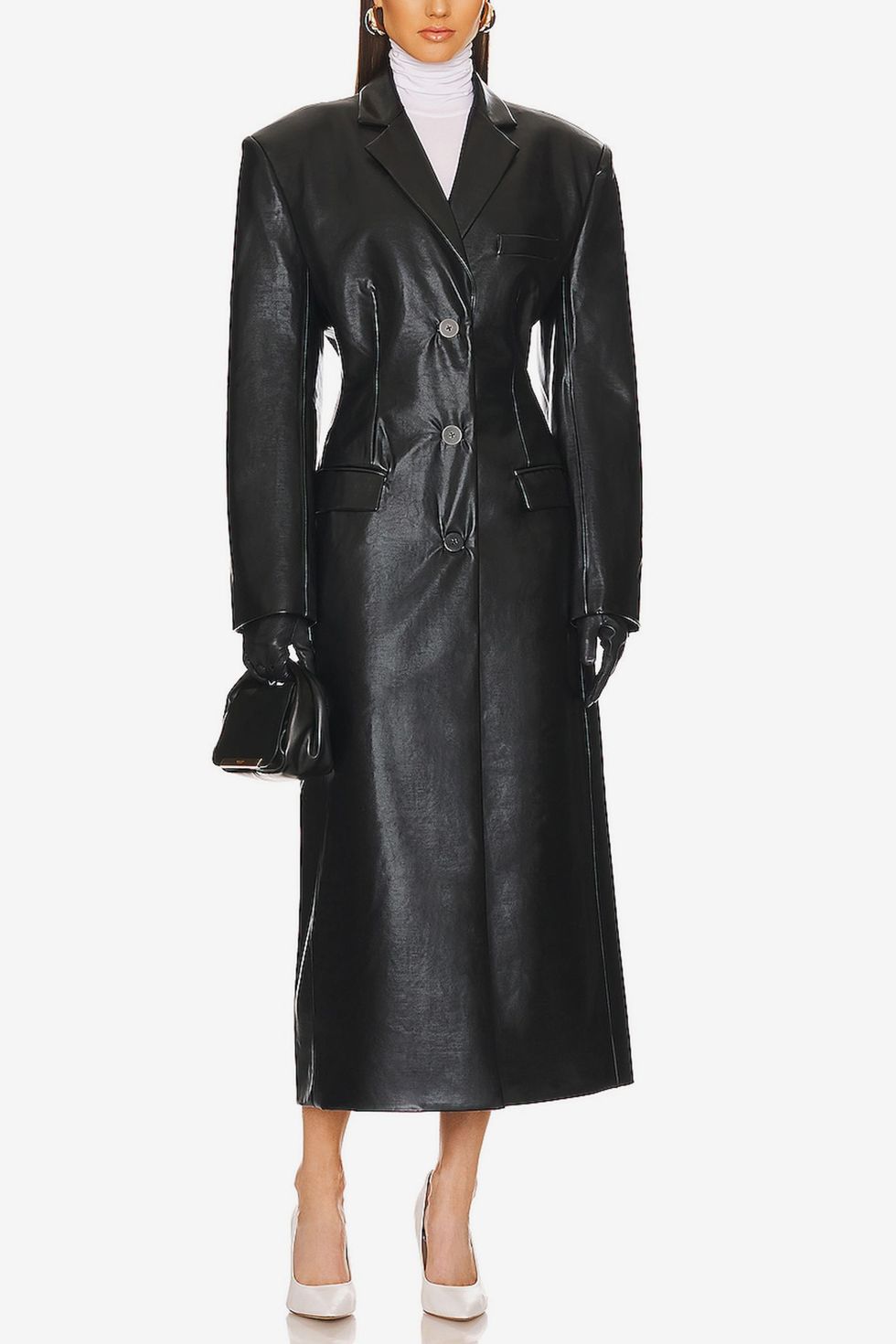 Waterbased Faux Leather Long Coat 