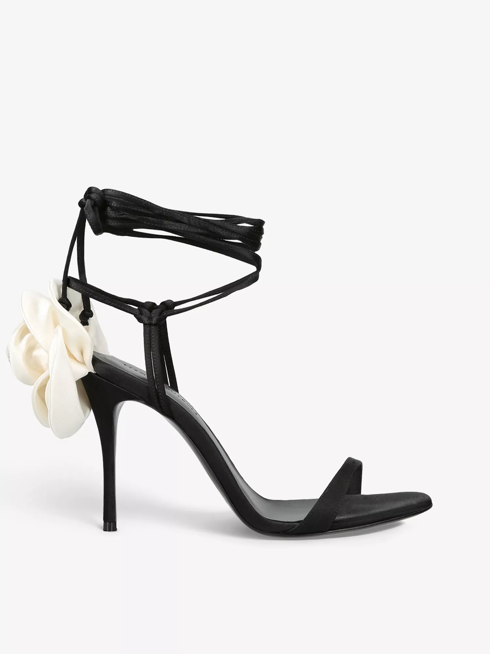 Flower-appliqué satin heeled sandals