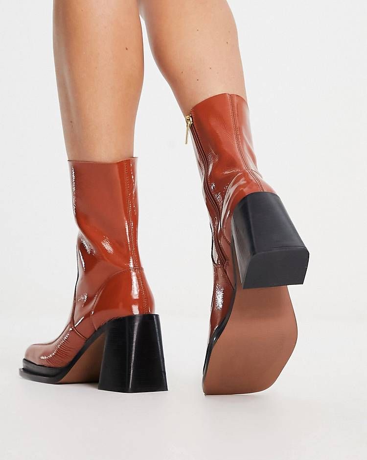 ASOS DESIGN Restore leather mid-heel boots in tan patent