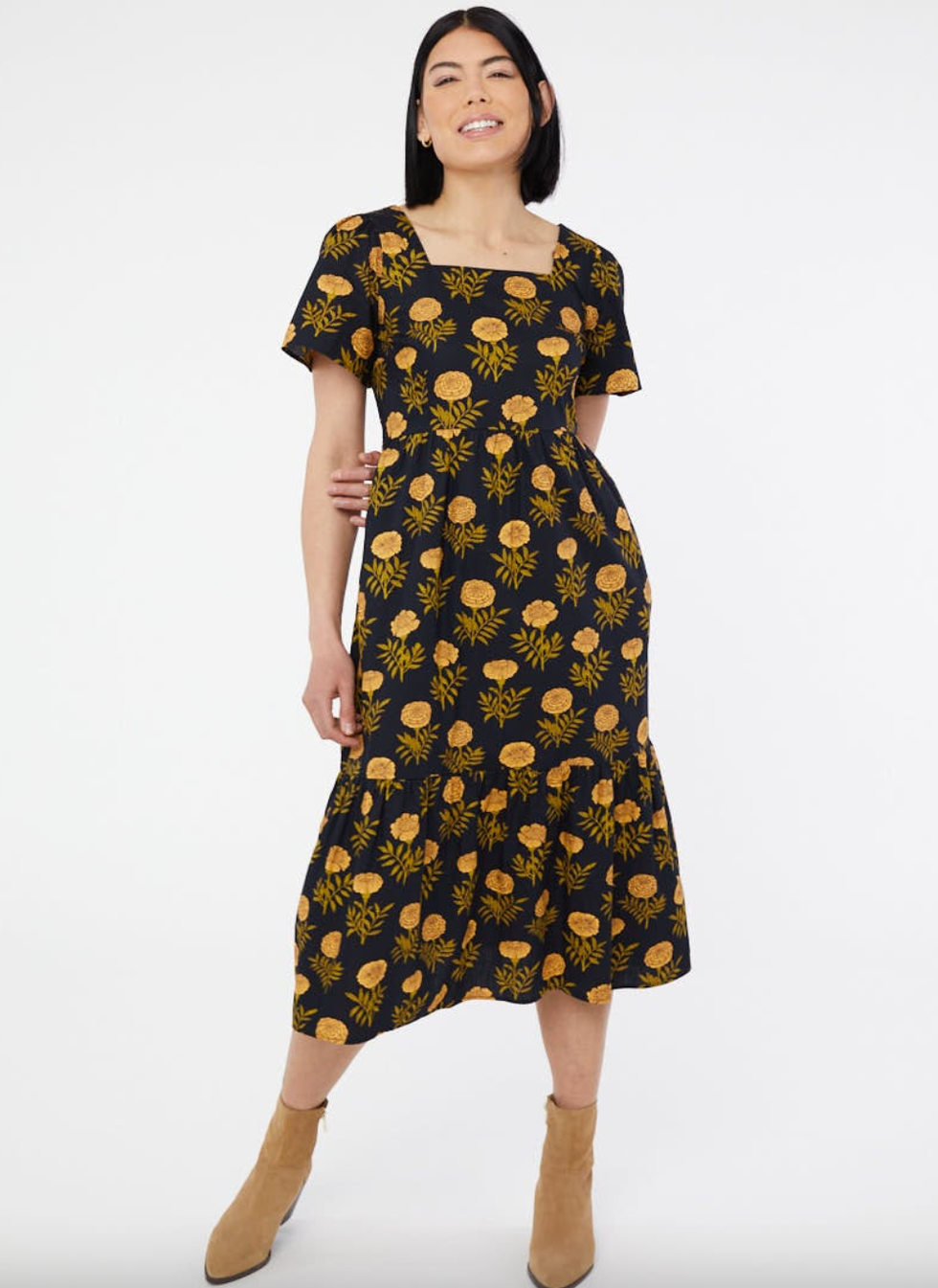 Georgia Marigold Print Square Neck Dress