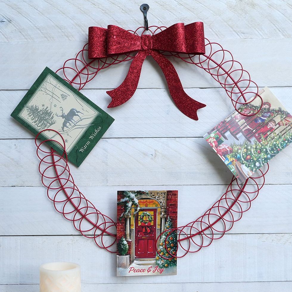 Red Metal Wreath Christmas Card Holder with Ribbon