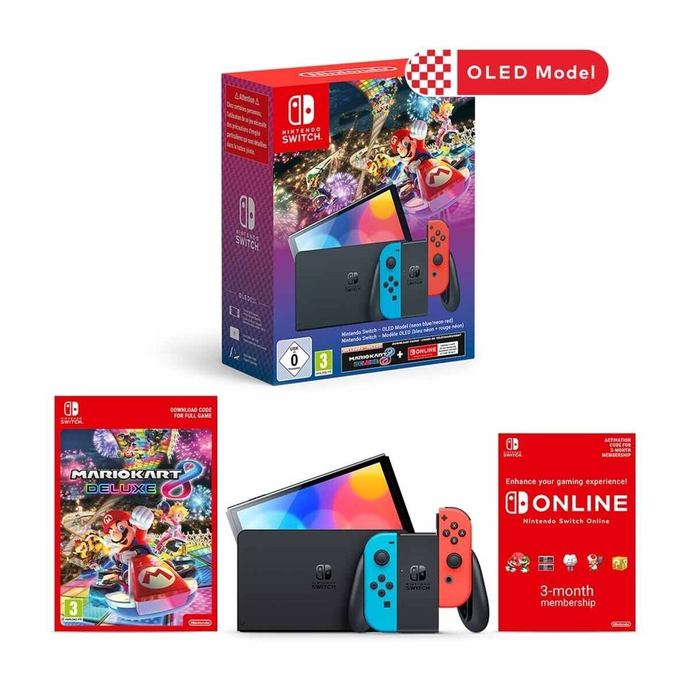 Nintendo Switch OLED Rojo Neón/Azul Neón + Mario Kart 8 Deluxe + Paquete Nintendo Switch Online de 3 meses