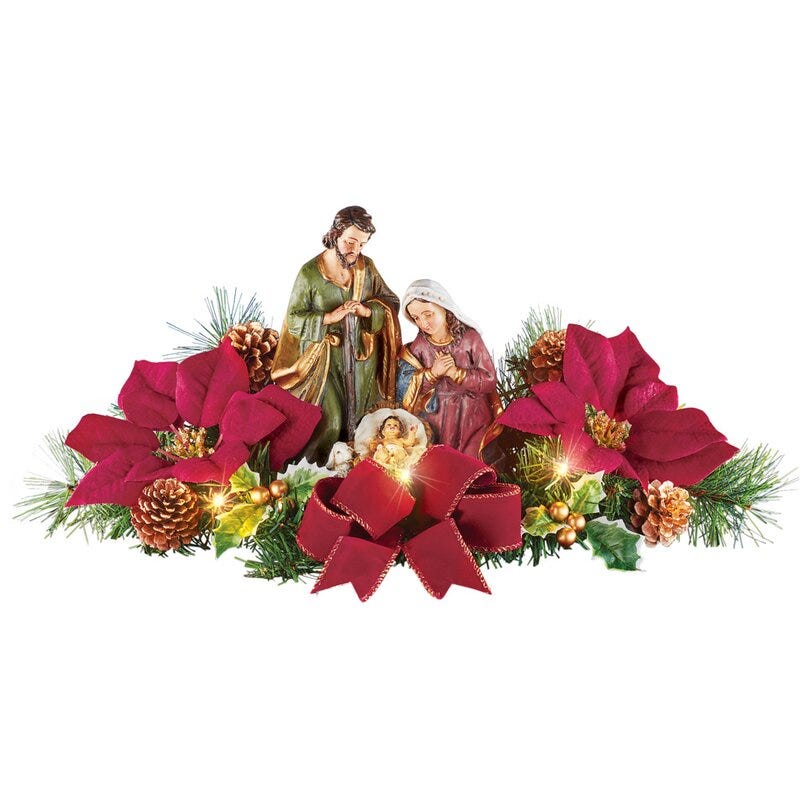 Lighted Tabletop Nativity Set with Poinsettias