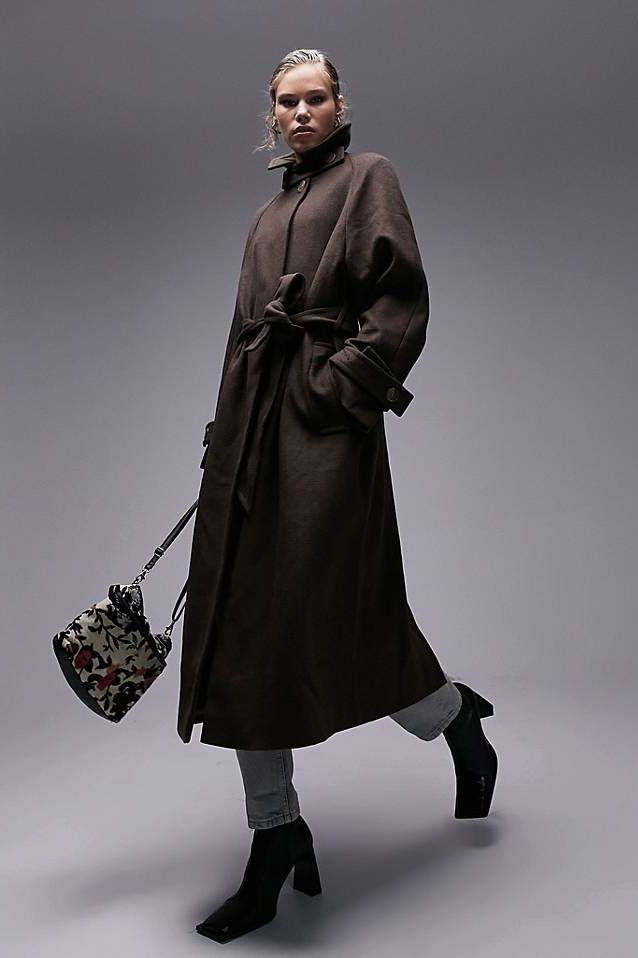 Long-lined belted brushed trench coat 