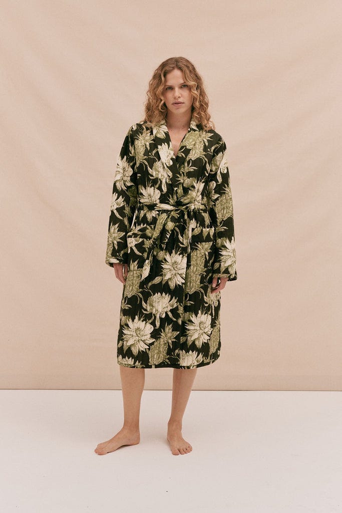 Quilted Robe Night Bloom Print Black/Green