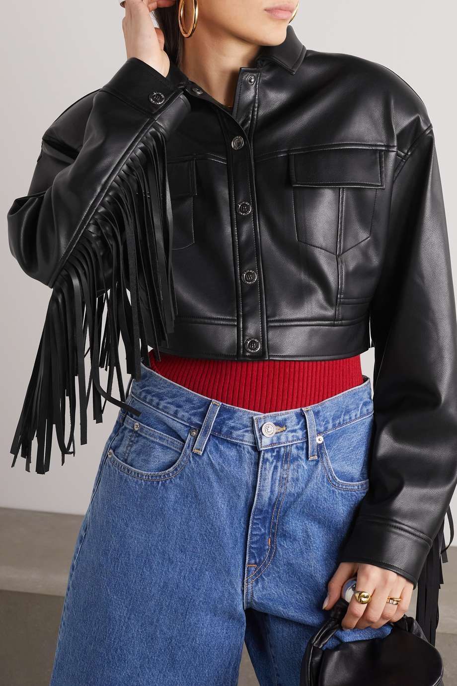 Barrie cropped fringed faux leather jacket