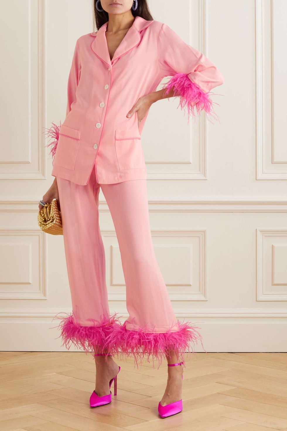 Party feather-trimmed twill pajama set