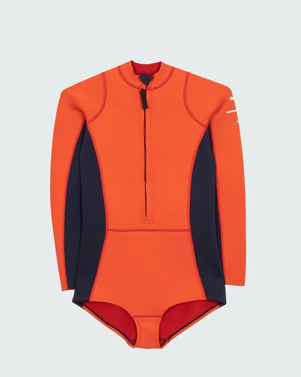 Natural Yulex rubber long sleeve swimsuit in ink black and flame orange