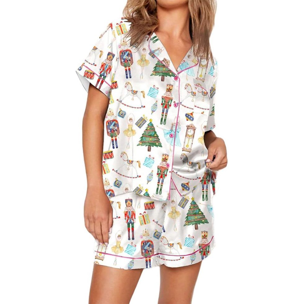 Cute Heart Shaped Printed Pajamas Set For Women, Including Button