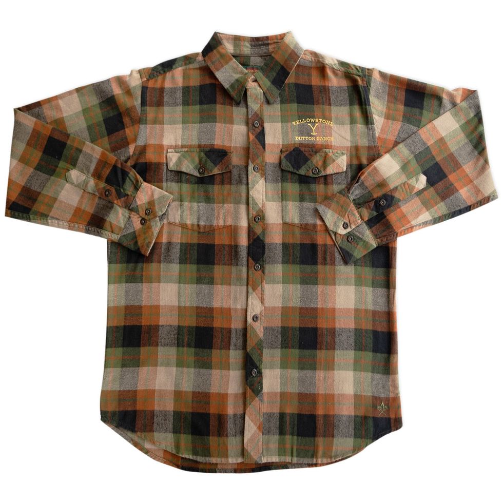 Dutton Ranch Embroidered Olive Plaid Flannel Shirt