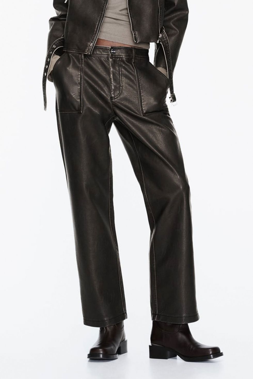 Only Petite faux leather side split flared pants in black
