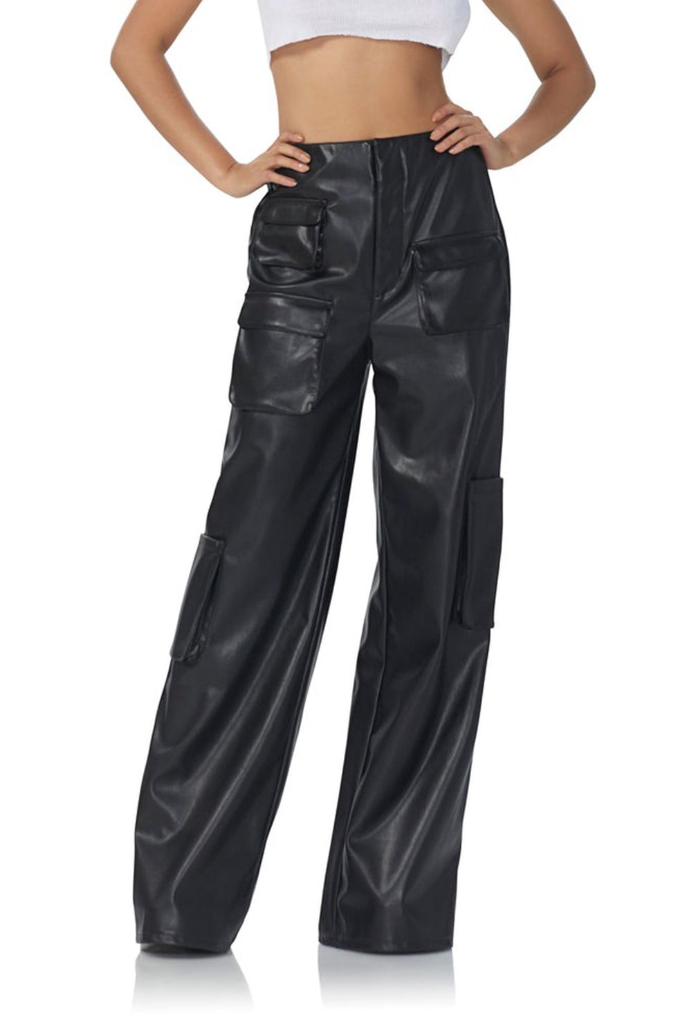 FAUX LEATHER CARGO PANTS - Dark brown