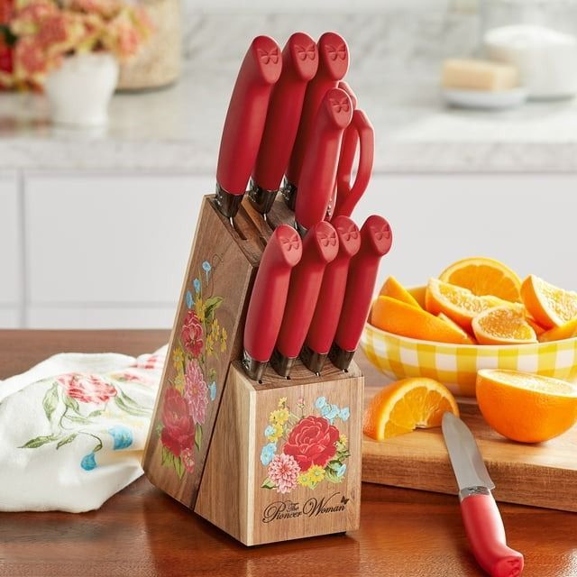 The Pioneer Woman Pioneer Signature 14-Piece Stainless Steel Knife Block  Set, Red