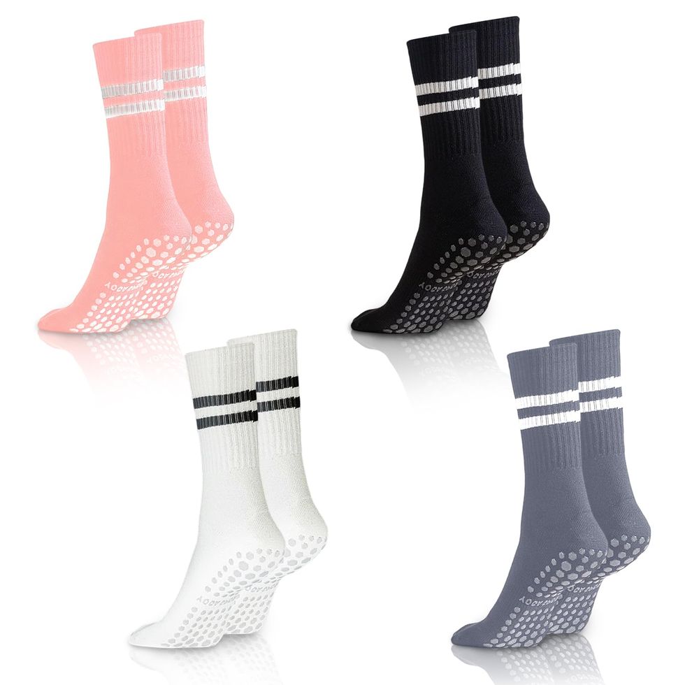 UoQo 4 Pairs Non Slip Grips Socks Women Cotton Pilates Socks with Stripe Yoga Socks for Ballet Fitness Dance Barefoot Workout Gym