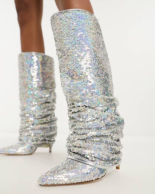 Azalea Wang Nebula sequin slouch knee boots in silver