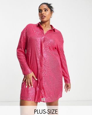 Lola May Plus sequin shirt mini dress in pink